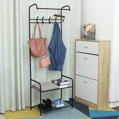 3-in-1 Entryway Shoe and Coat rack, Hall Tree Metal Coat Stand with Bench Coat Hanger, Clothes Stand Shoe rack Bedroom Storage Shelf Organizer, 2 Shelves for Space Saving