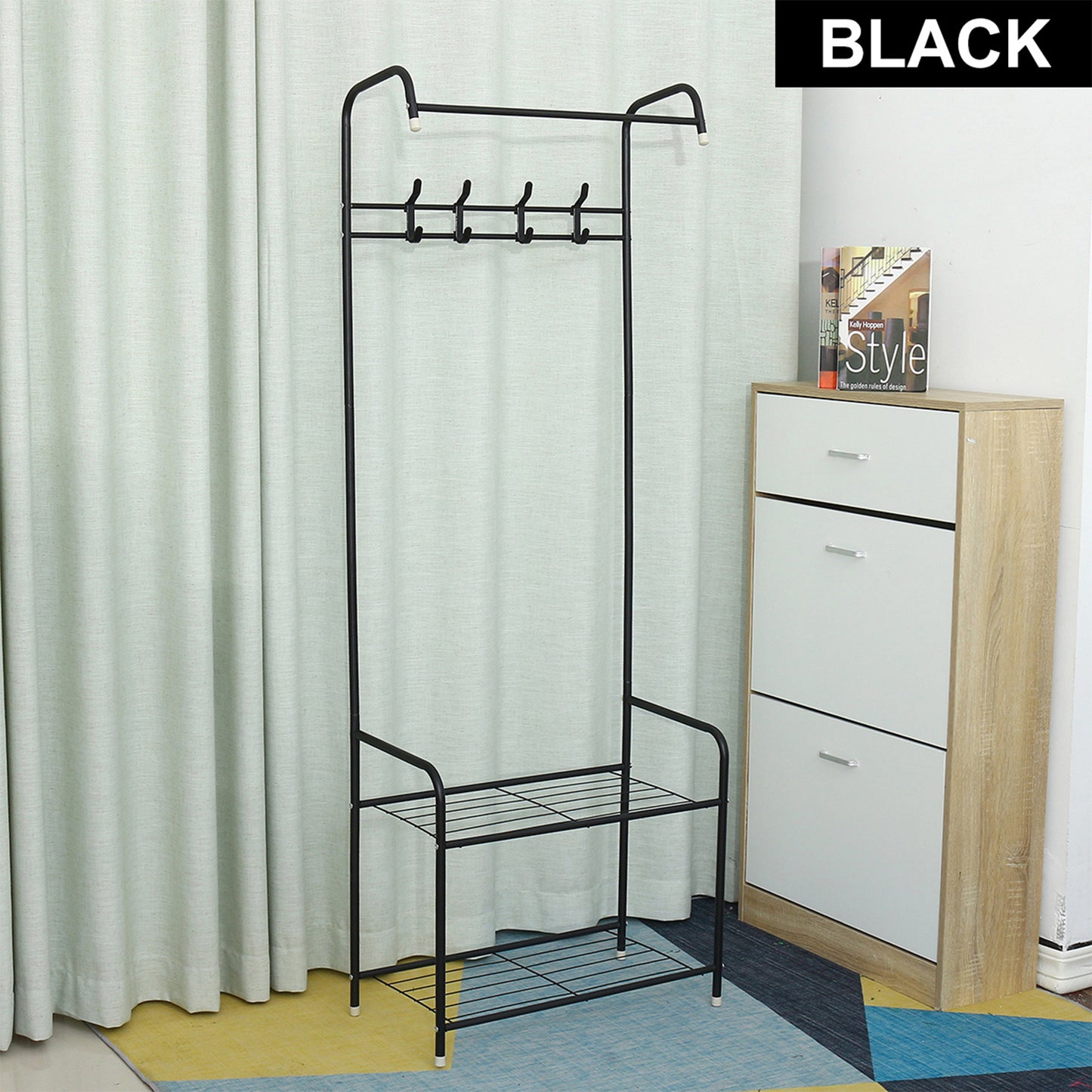 3-in-1 Entryway Shoe and Coat rack, Hall Tree Metal Coat Stand with Bench Coat Hanger, Clothes Stand Shoe rack Bedroom Storage Shelf Organizer, 2 Shelves for Space Saving
