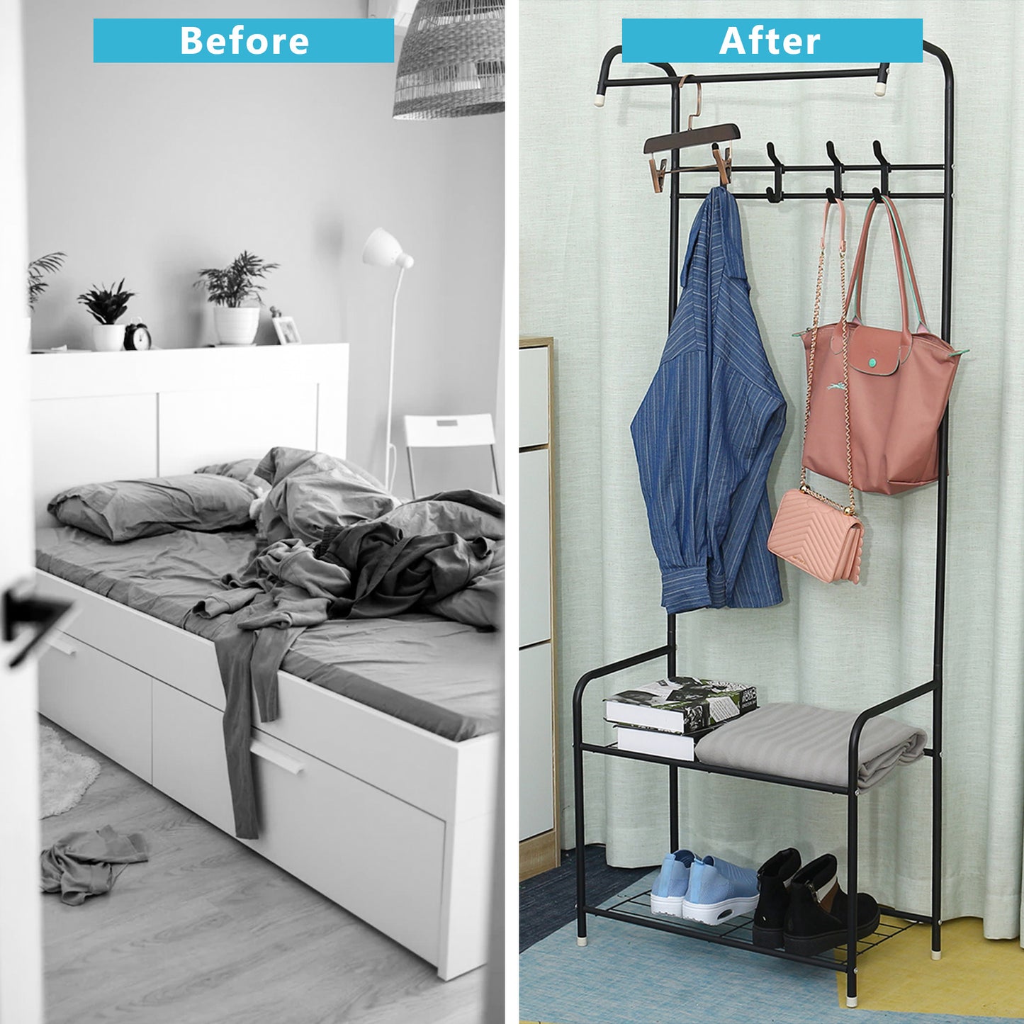 3-in-1 Entryway Shoe and Coat rack, Hall Tree Metal Coat Stand with Bench Coat Hanger, Clothes Stand Shoe rack Bedroom Storage Shelf Organizer, 2 Shelves for Space Saving