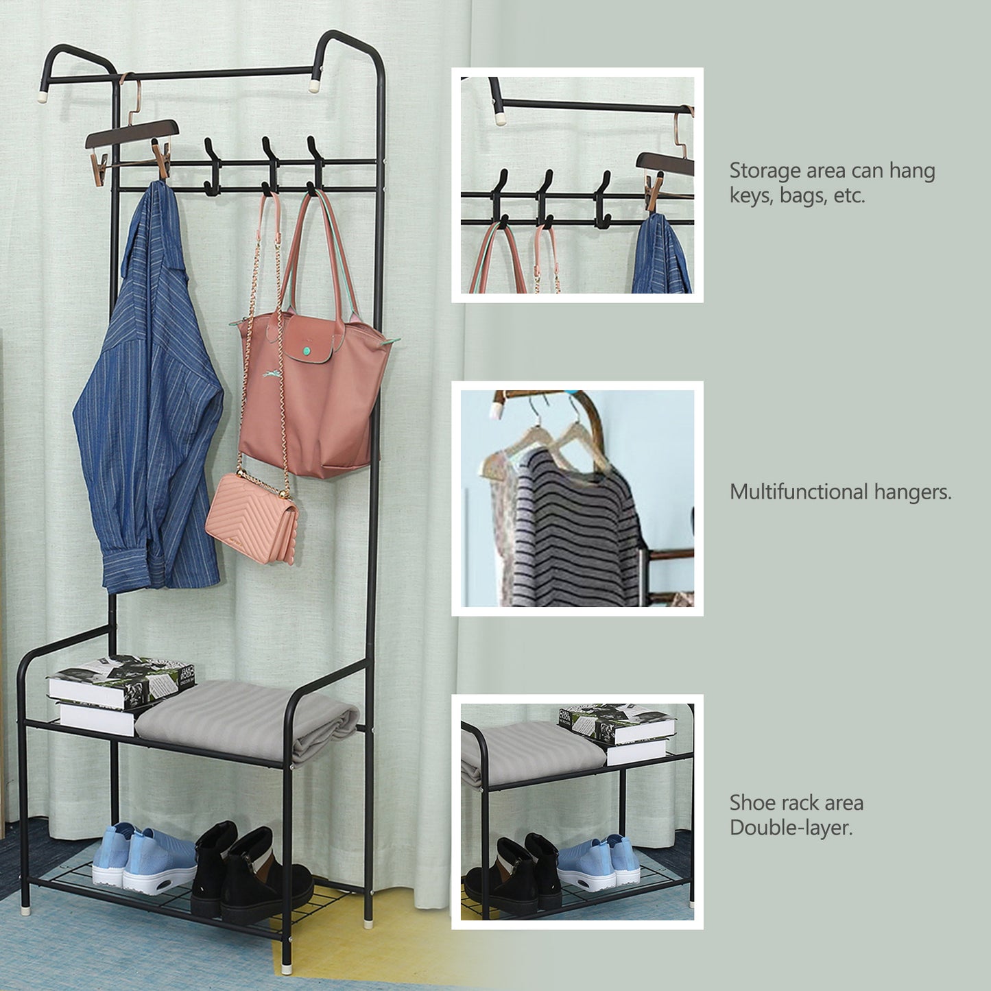 3-in-1 Entryway Shoe and Coat rack, Hall Tree Metal Coat Stand with Bench Coat Hanger, Clothes Stand Shoe rack Bedroom Storage Shelf Organizer, 2 Shelves for Space Saving