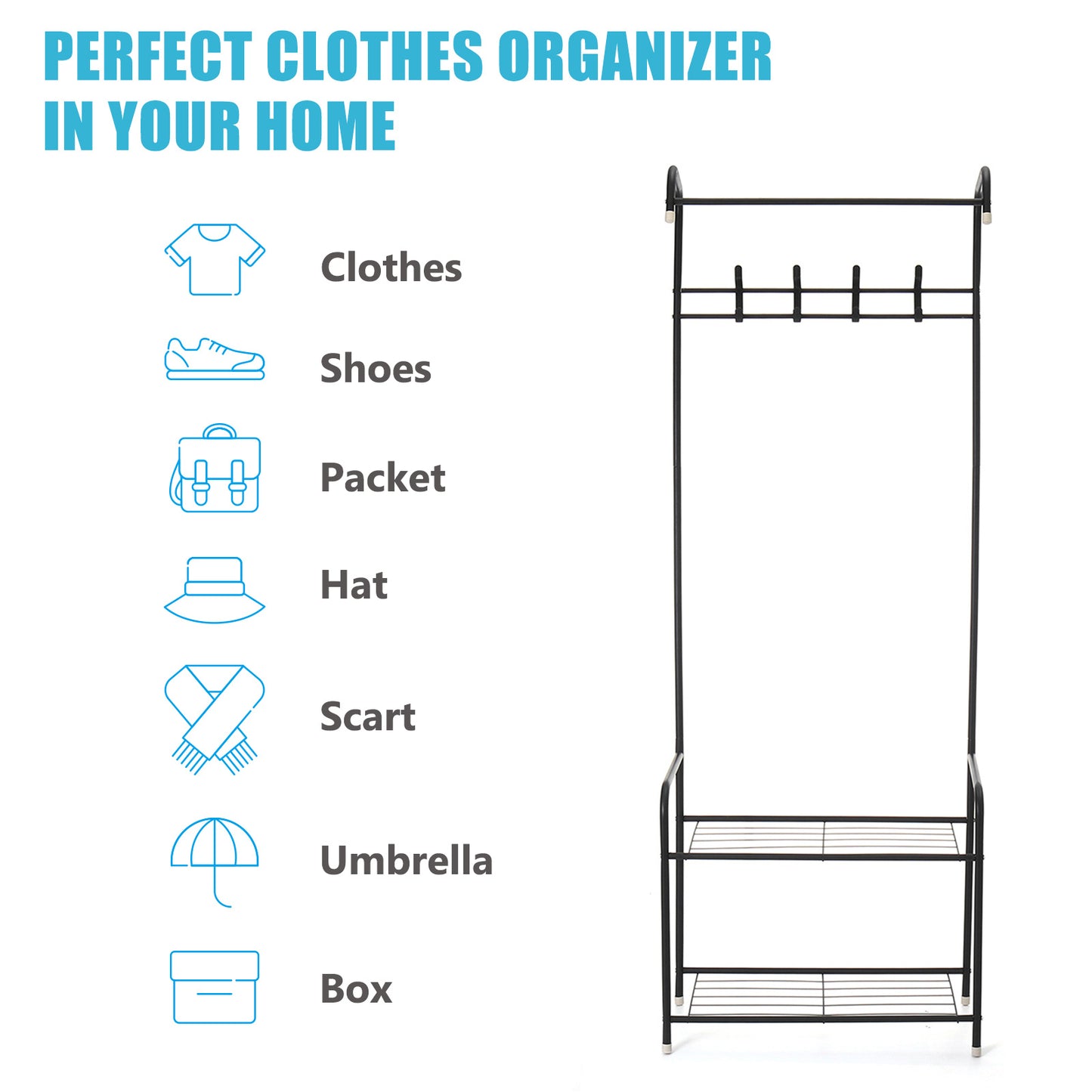 3-in-1 Entryway Shoe and Coat rack, Hall Tree Metal Coat Stand with Bench Coat Hanger, Clothes Stand Shoe rack Bedroom Storage Shelf Organizer, 2 Shelves for Space Saving