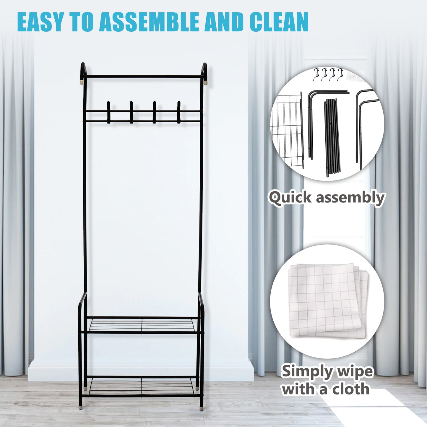 3-in-1 Entryway Shoe and Coat rack, Hall Tree Metal Coat Stand with Bench Coat Hanger, Clothes Stand Shoe rack Bedroom Storage Shelf Organizer, 2 Shelves for Space Saving