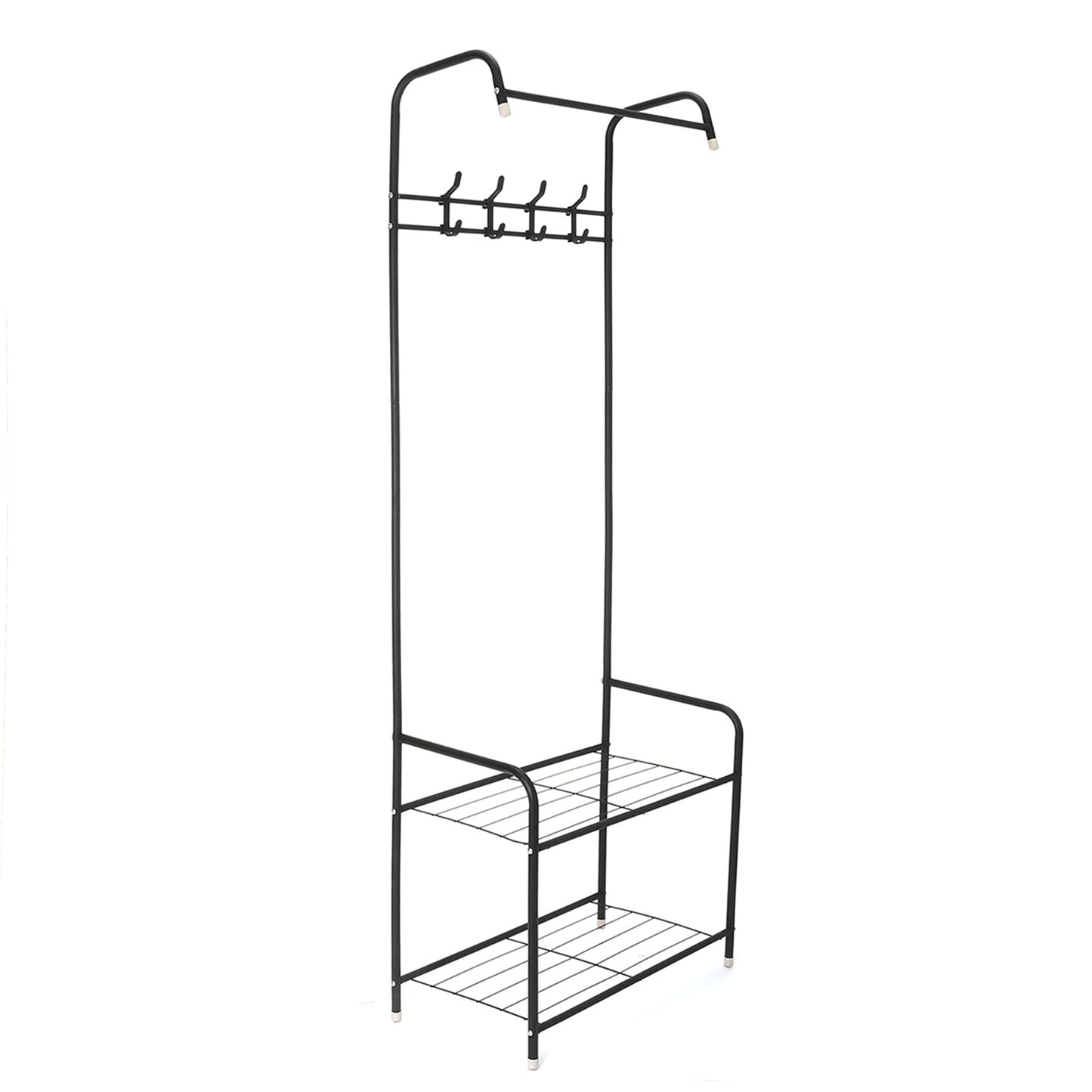 3-in-1 Entryway Shoe and Coat rack, Hall Tree Metal Coat Stand with Bench Coat Hanger, Clothes Stand Shoe rack Bedroom Storage Shelf Organizer, 2 Shelves for Space Saving