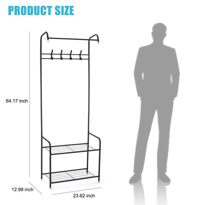 Baokaler 3-in-1 Entryway Coat Rack Shoe Bench Metal Hall Tree Clothes Stand 2 Layers Storage Bench Free Standing Clothes Organizer Hat Stand Rod for Hanging Jacket