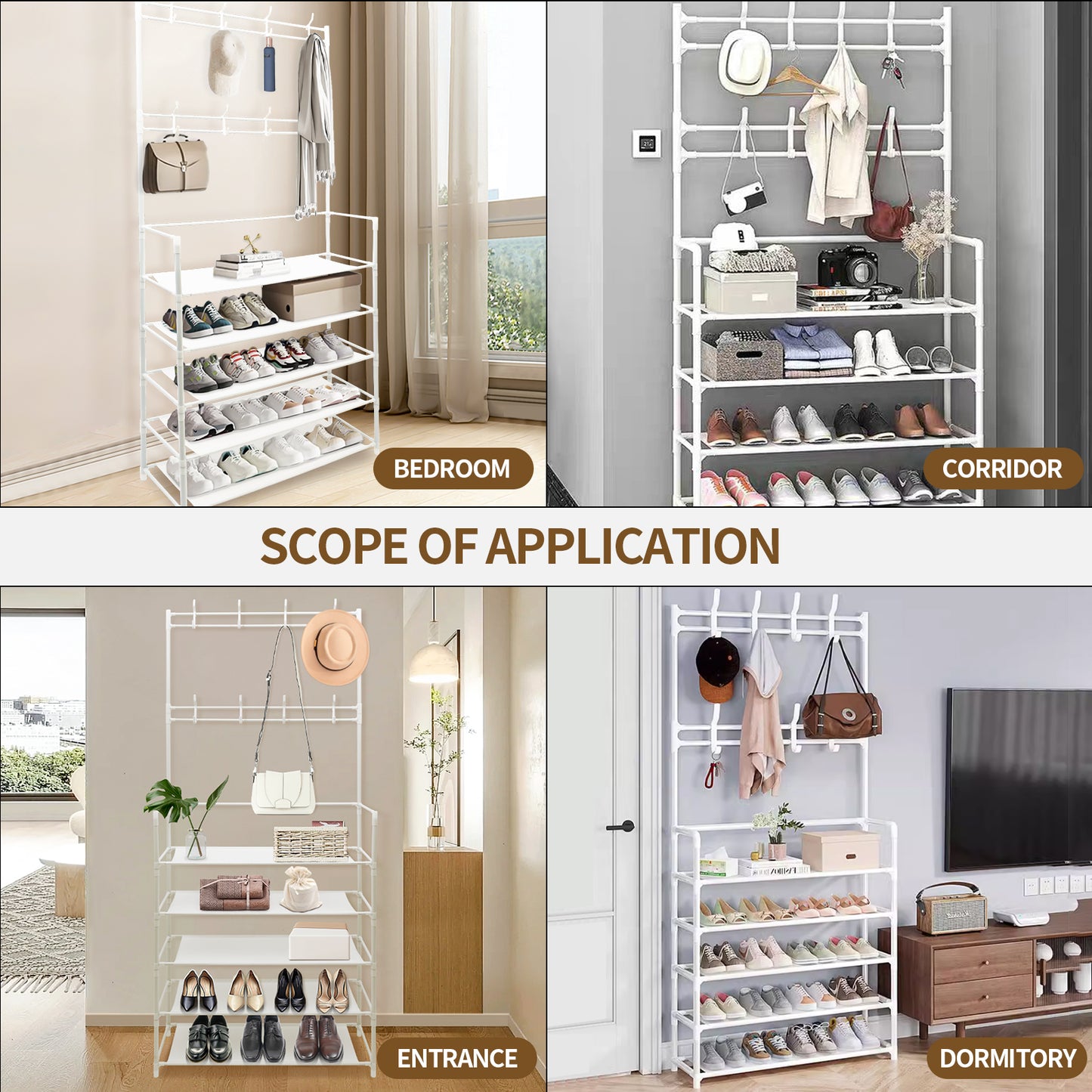 5-Tier Coat and Shoe rack with 8 Hooks, White