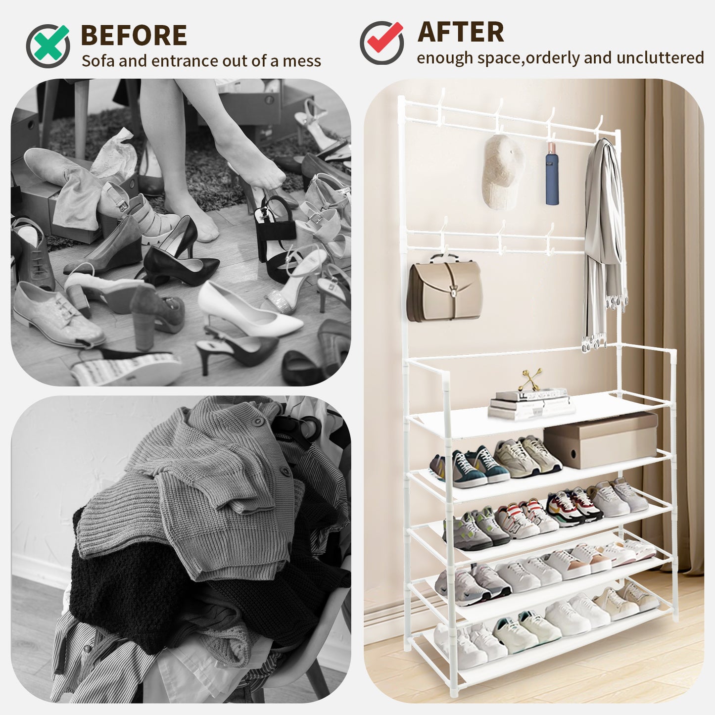 5-Tier Coat and Shoe rack with 8 Hooks, White