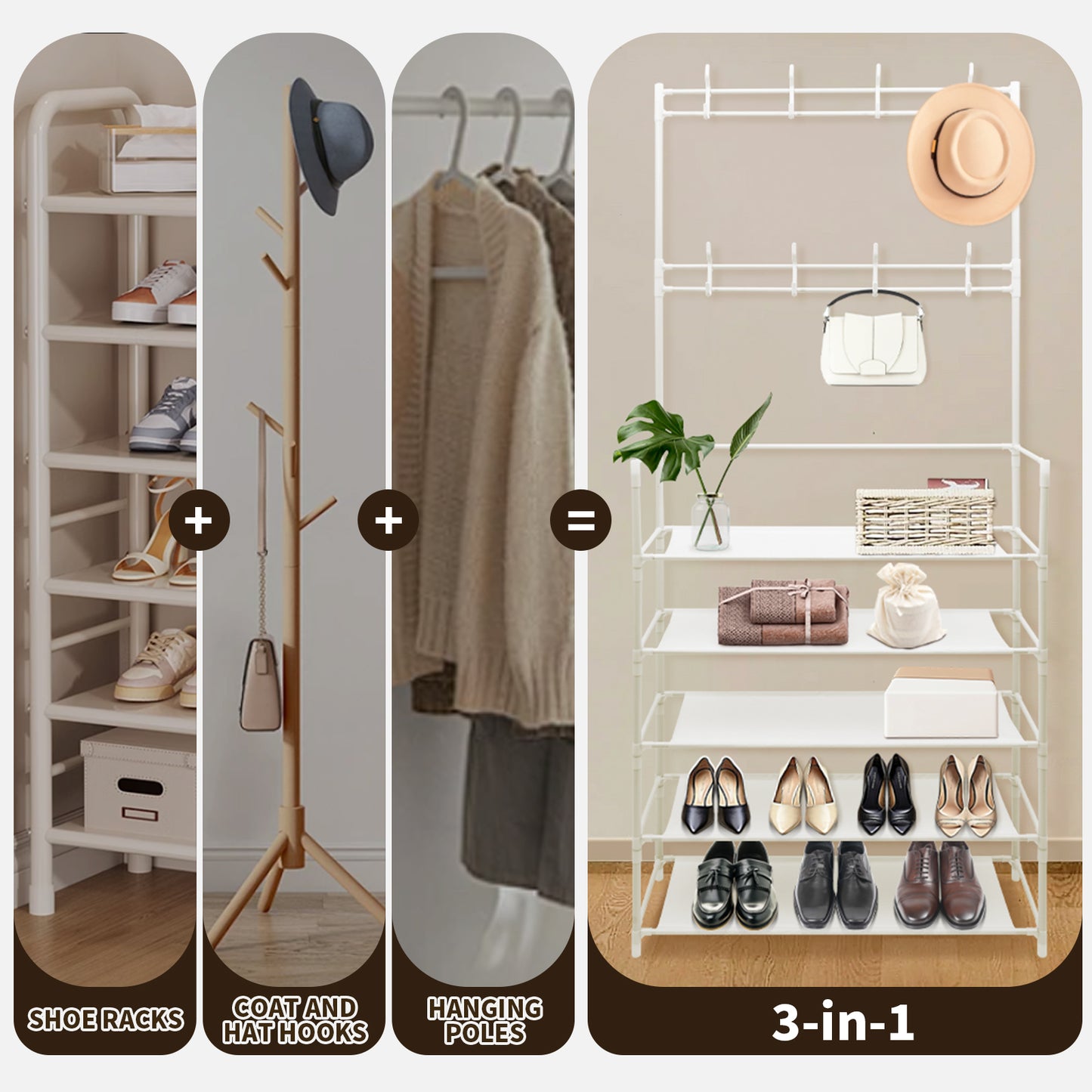 5-Tier Coat and Shoe rack with 8 Hooks, White