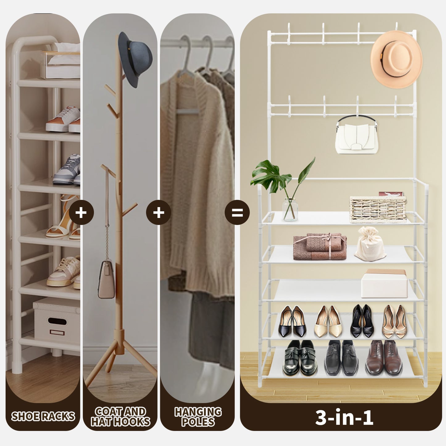 5-Tier Coat and Shoe rack with 8 Hooks, White