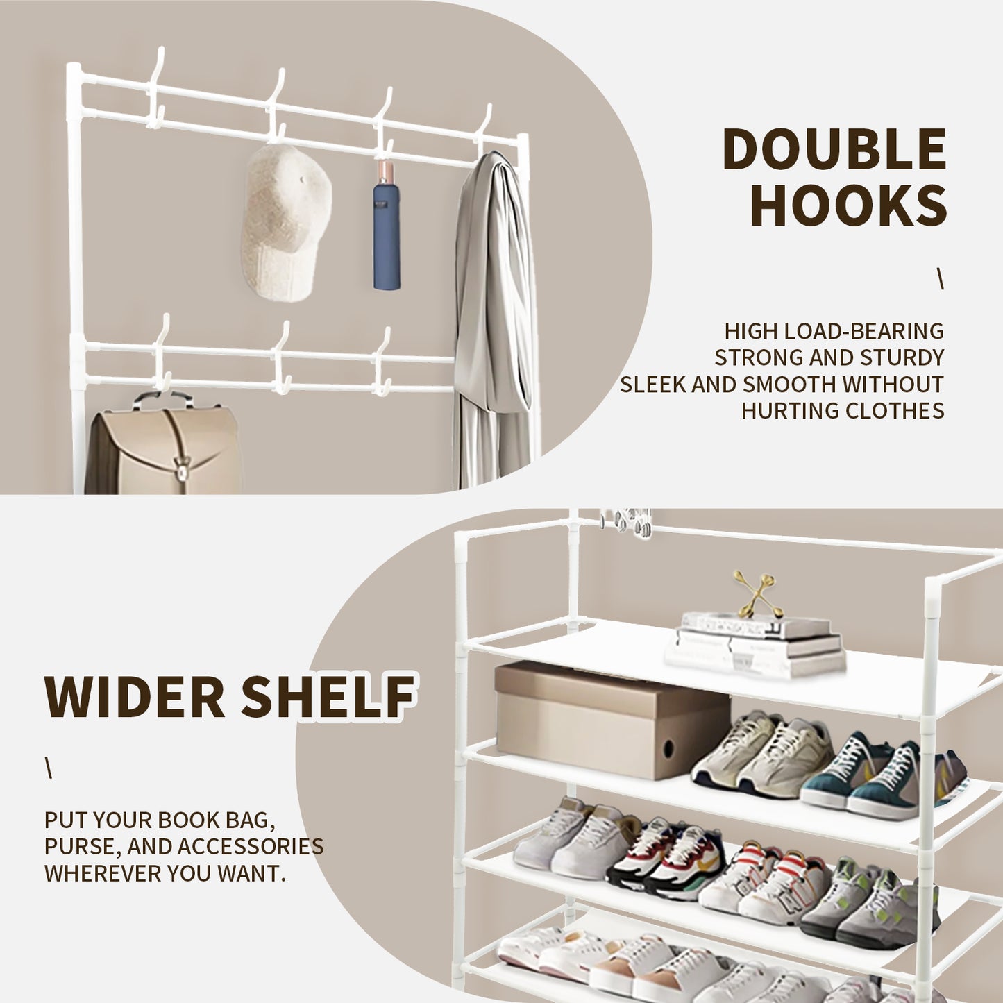 5-Tier Coat and Shoe rack with 8 Hooks, White
