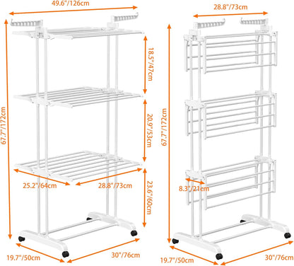 Clothes Drying Rack, 4-Tier Foldable Laundry Drying Rack, Stainless Steel Garment Clothes Dryer Indoor or Outdoor Standing Clothing Rack with Wheels, White