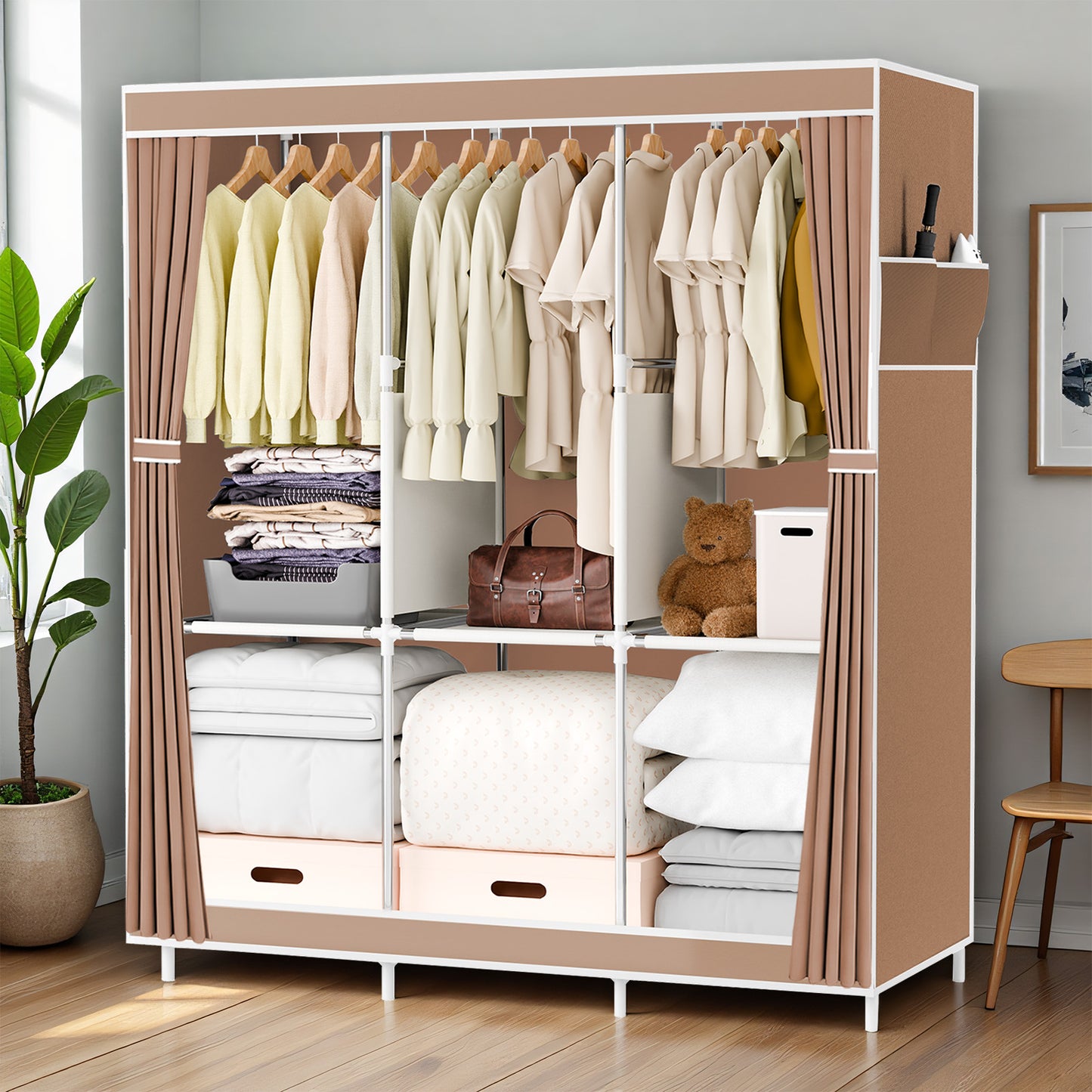 Portable Closet, Clothing Rack Shelf, Dustproof Non-Woven Fabric Closet with Cover, Beige