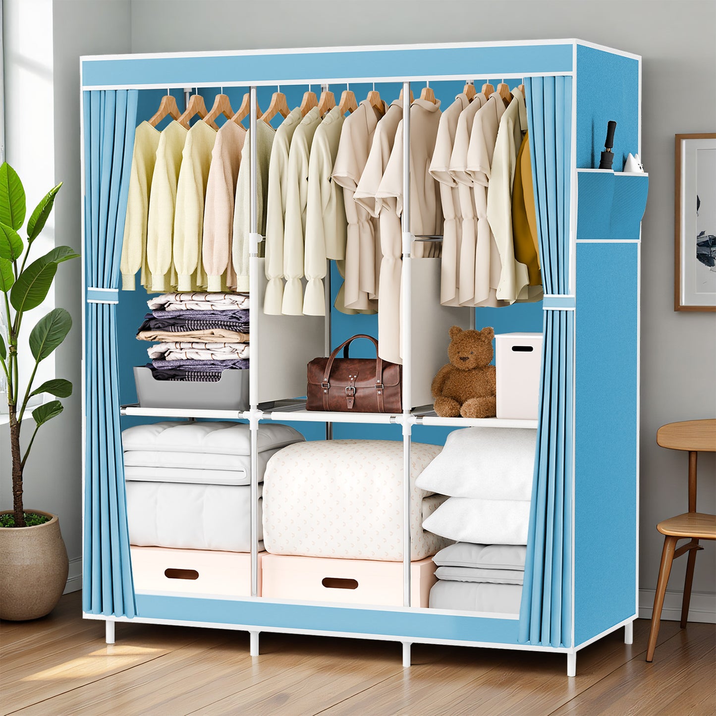 Portable Closet Organizers and Storage, Dustproof Non-Woven Fabric Wardrobe Closet Clothes Rack Shelf for Home, Sky Blue