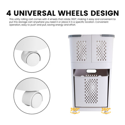 Magichomestore 3 Tier Rolling Laundry Removable Hamper Cart with Wheels, White