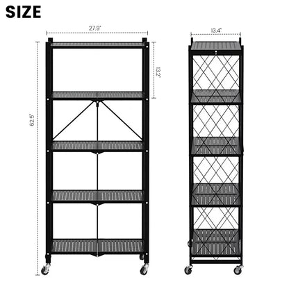 Storage Shelves, 5-Tier Foldable Metal Shelf with Lockable Wheels, Kitchen rolling Cart, Metal Garage Shelf No Assembly, Large Capacity Utility Cart for Garage, Kitchen Basement Pantry, Black
