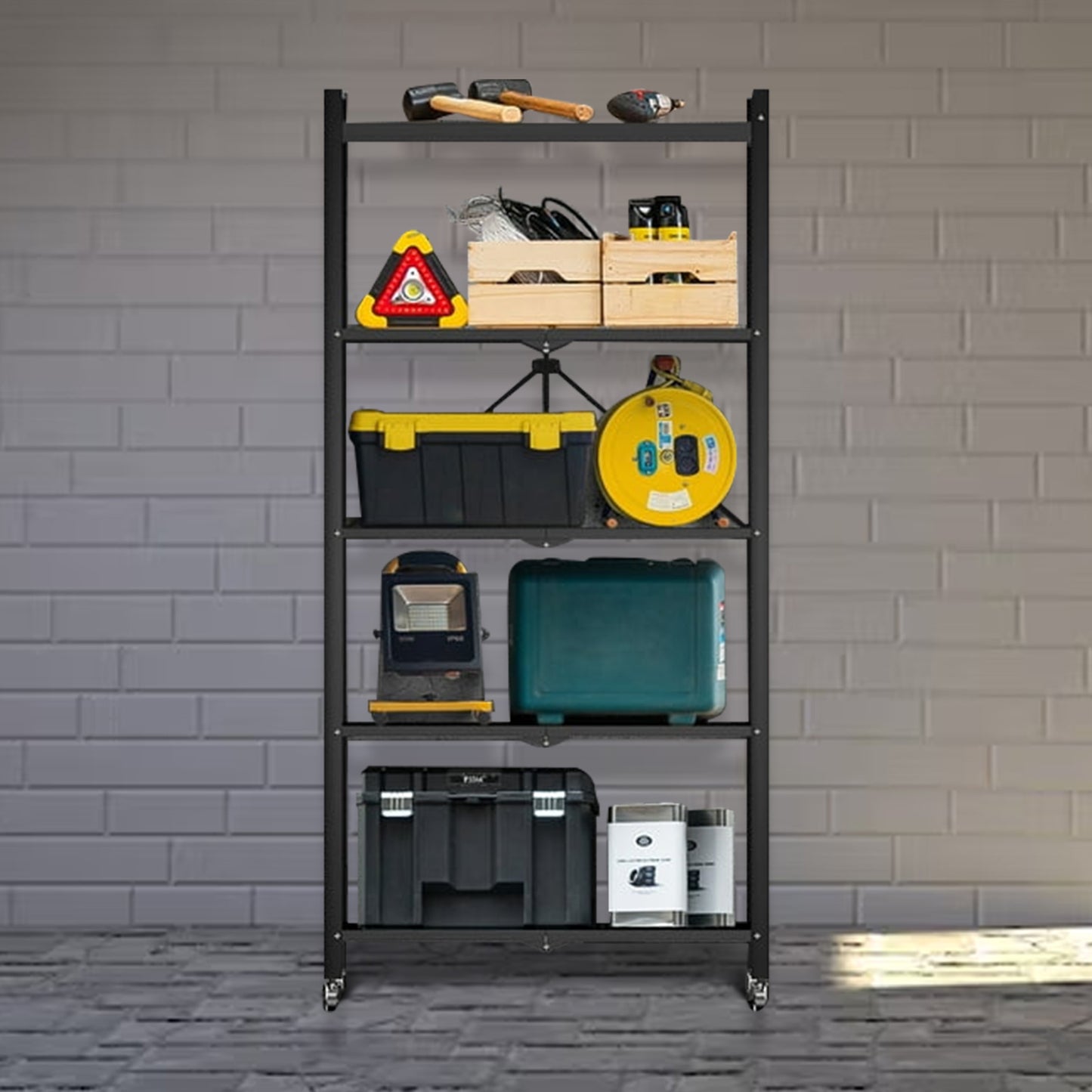 Storage Shelves, 5-Tier Foldable Metal Shelf with Lockable Wheels, Kitchen rolling Cart, Metal Garage Shelf No Assembly, Large Capacity Utility Cart for Garage, Kitchen Basement Pantry, Black