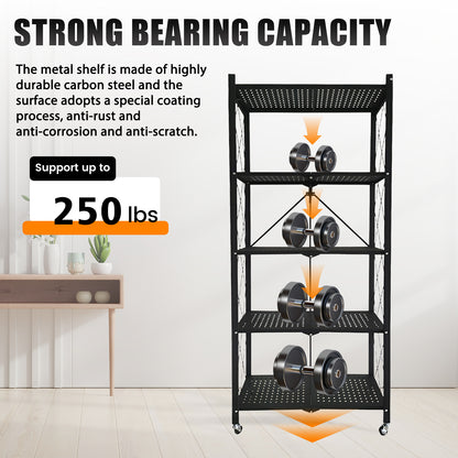 Storage Shelves, 5-Tier Foldable Metal Shelf with Lockable Wheels, Kitchen Rolling Cart, Metal Garage Shelf No Assembly, Large Capacity Utility Cart for Garage, Kitchen Basement Pantry, Black