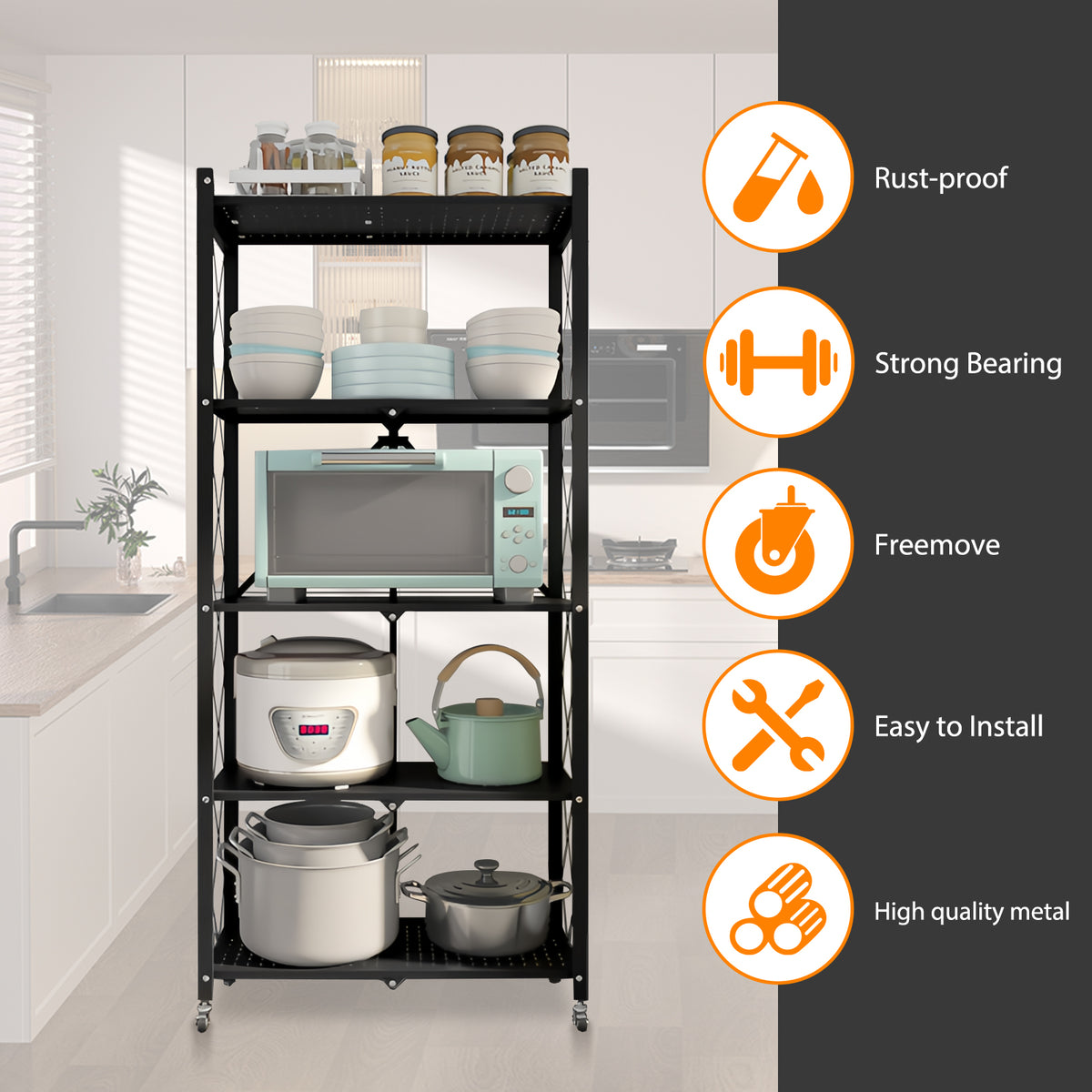 Storage Shelves, 5-Tier Foldable Metal Shelf with Lockable Wheels, Kitchen Rolling Cart, Metal Garage Shelf No Assembly, Large Capacity Utility Cart for Garage, Kitchen Basement Pantry, Black