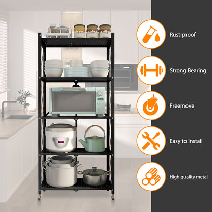 Storage Shelves, 5-Tier Foldable Metal Shelf with Lockable Wheels, Kitchen Rolling Cart, Metal Garage Shelf No Assembly, Large Capacity Utility Cart for Garage, Kitchen Basement Pantry, Black