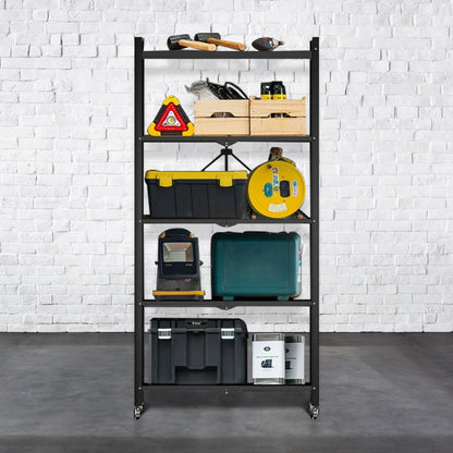 Storage Shelves, 5-Tier Foldable Metal Shelf with Lockable Wheels, Kitchen Rolling Cart, Metal Garage Shelf No Assembly, Large Capacity Utility Cart for Garage, Kitchen Basement Pantry, Black