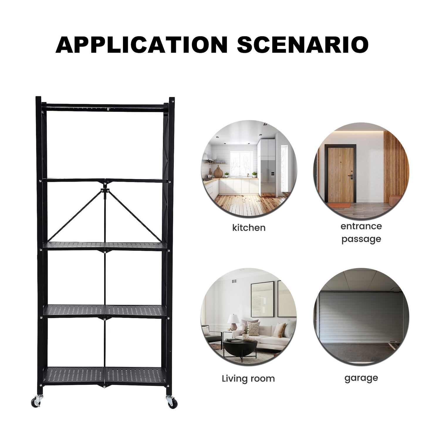 Storage Shelves, 5-Tier Foldable Metal Shelf with Lockable Wheels, Kitchen rolling Cart, Metal Garage Shelf No Assembly, Large Capacity Utility Cart for Garage, Kitchen Basement Pantry, Black