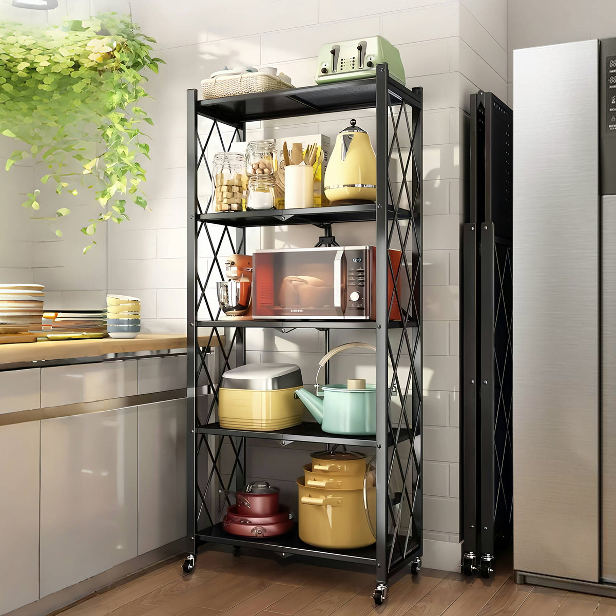 Storage Shelves, 5-Tier Foldable Metal Shelf with Lockable Wheels, Kitchen Rolling Cart, Metal Garage Shelf No Assembly, Large Capacity Utility Cart for Garage, Kitchen Basement Pantry, Black