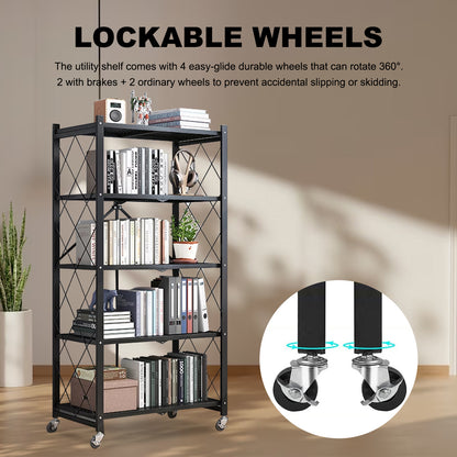 Storage Shelves, 5-Tier Foldable Metal Shelf with Lockable Wheels, Kitchen rolling Cart, Metal Garage Shelf No Assembly, Large Capacity Utility Cart for Garage, Kitchen Basement Pantry, Black