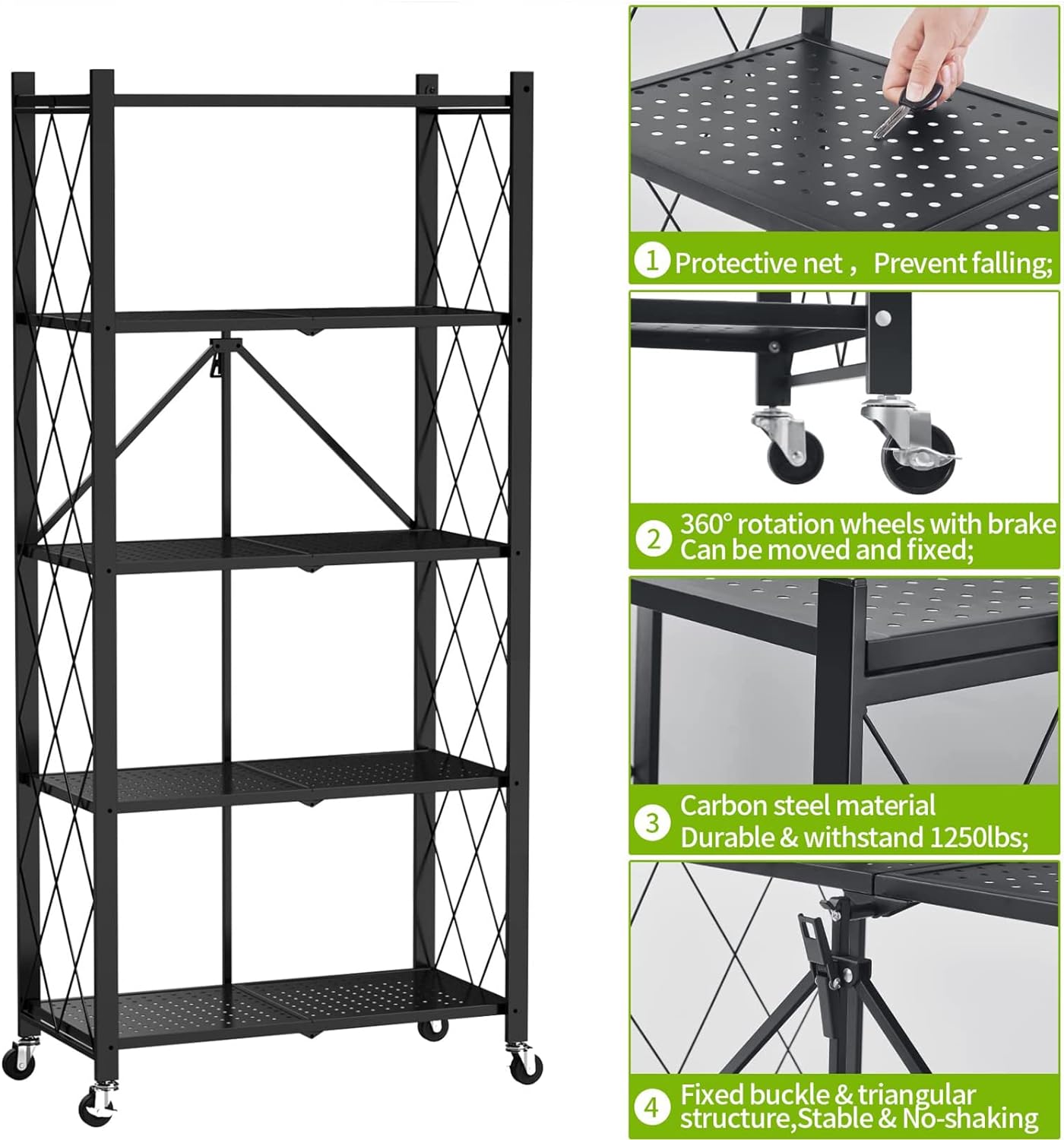 5 tier Storage Shelf, Foldable Shelf with Wheels,Storage Rack on Wheel, Foldable Shelf Unit, Foldable Storage Shelf Garage Shelves and Racks, Heavy Duty Metal Shelf, Kitchen Storage Shelf(2 PACK)