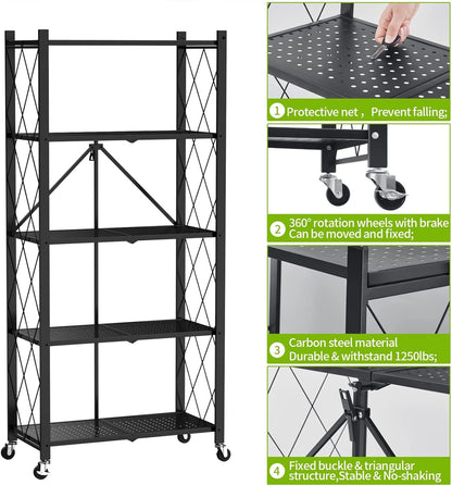 5 tier Storage Shelf, Foldable Shelf with Wheels,Storage Rack on Wheel, Foldable Shelf Unit, Foldable Storage Shelf Garage Shelves and Racks, Heavy Duty Metal Shelf, Kitchen Storage Shelf(2 PACK)