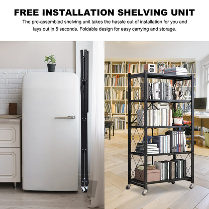Storage Shelves, 5-Tier Foldable Metal Shelf with Lockable Wheels, Kitchen rolling Cart, Metal Garage Shelf No Assembly, Large Capacity Utility Cart for Garage, Kitchen Basement Pantry, Black