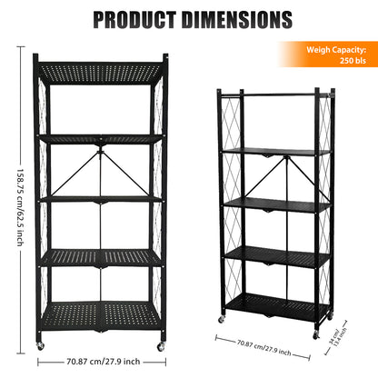 5 Tier Storage Shelves with Wheels 27.9''x 13.4'' x 62.5'' Collapsible Kitchen Rolling Cart, Metal Garage Shelving, Foldable Shelf with Wheels,Storage Rack on Wheel, Foldable Shelf Unit