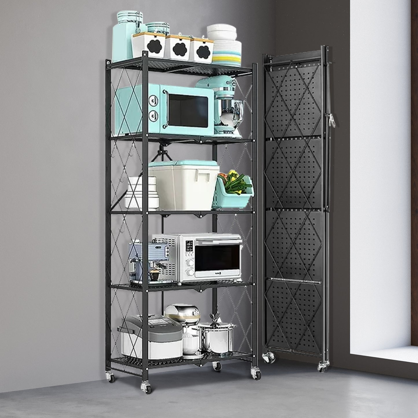 Storage Shelves, 5-Tier Foldable Metal Shelf with Lockable Wheels, Kitchen rolling Cart, Metal Garage Shelf No Assembly, Large Capacity Utility Cart for Garage, Kitchen Basement Pantry, Black