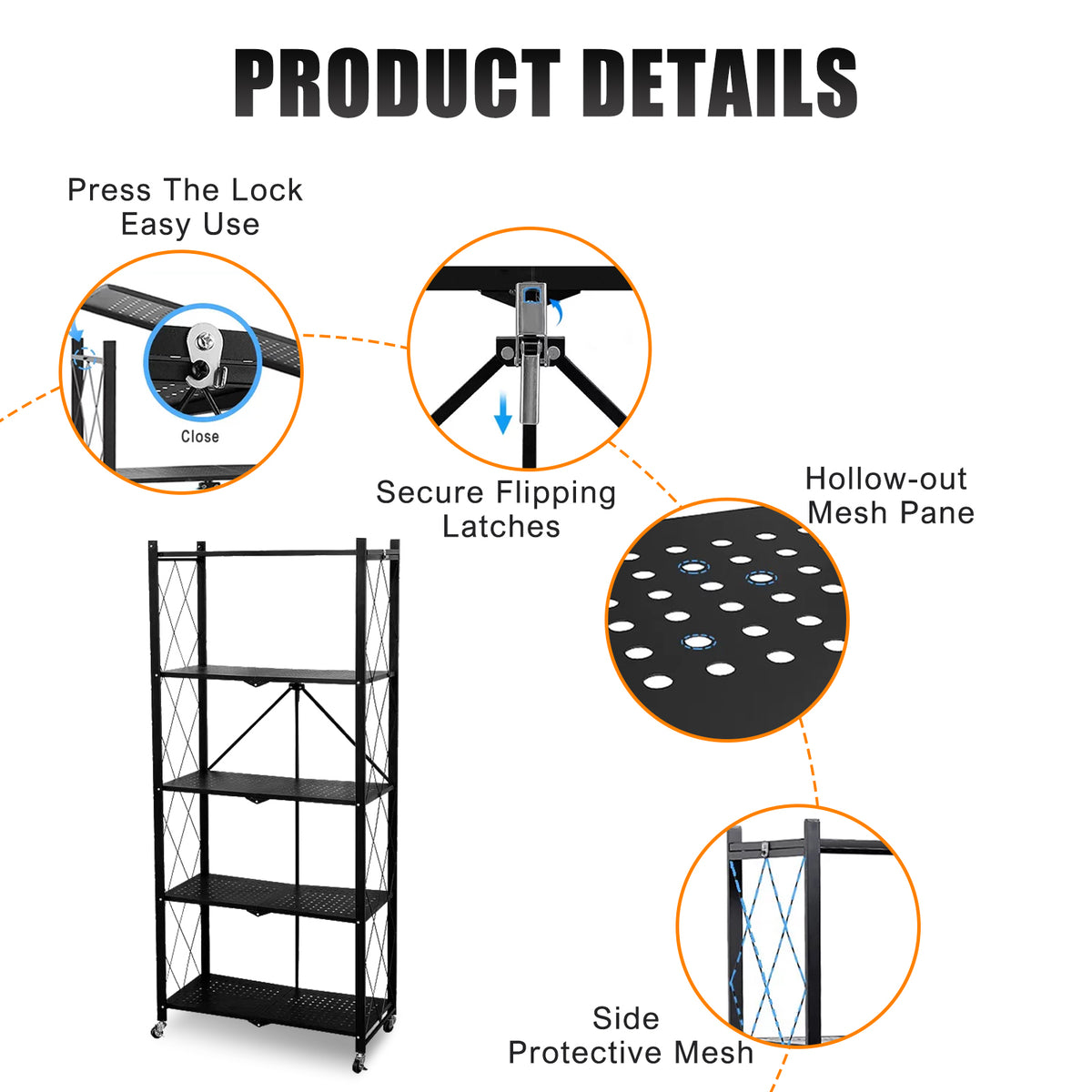 Storage Shelves, 5-Tier Foldable Metal Shelf with Lockable Wheels, Kitchen Rolling Cart, Metal Garage Shelf No Assembly, Large Capacity Utility Cart for Garage, Kitchen Basement Pantry, Black