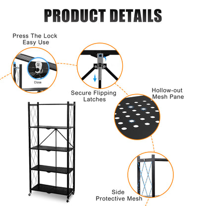 Storage Shelves, 5-Tier Foldable Metal Shelf with Lockable Wheels, Kitchen Rolling Cart, Metal Garage Shelf No Assembly, Large Capacity Utility Cart for Garage, Kitchen Basement Pantry, Black