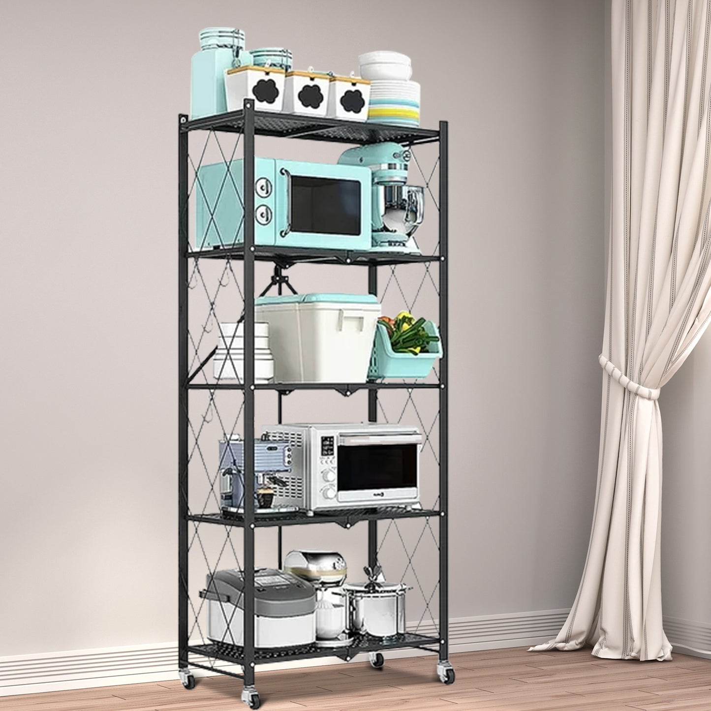 Storage Shelves, 5-Tier Foldable Metal Shelf with Lockable Wheels, Kitchen rolling Cart, Metal Garage Shelf No Assembly, Large Capacity Utility Cart for Garage, Kitchen Basement Pantry, Black