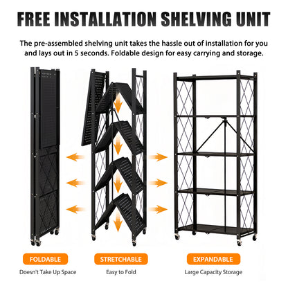 Storage Shelves, 5-Tier Foldable Metal Shelf with Lockable Wheels, Kitchen Rolling Cart, Metal Garage Shelf No Assembly, Large Capacity Utility Cart for Garage, Kitchen Basement Pantry, Black