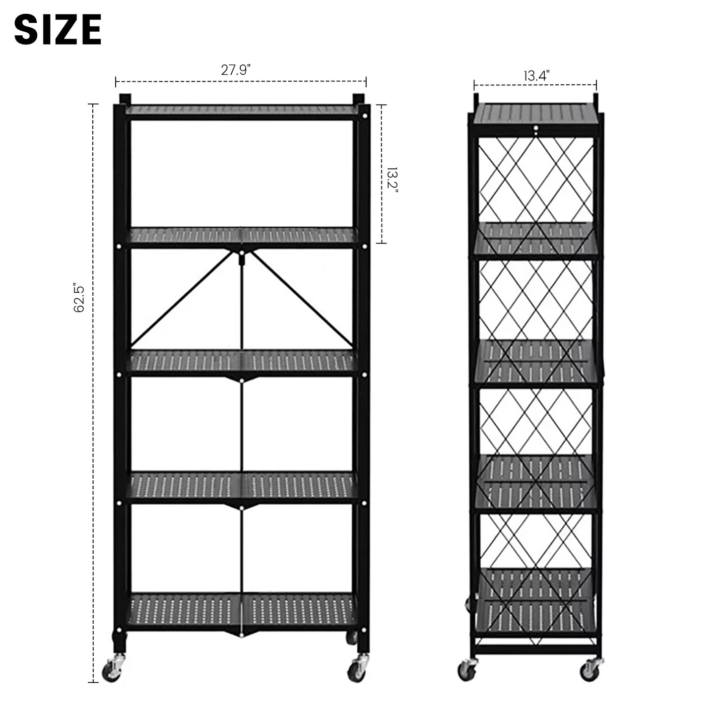 5 tier Storage Shelf, Foldable Shelf with Wheels,Storage Rack on Wheel, Foldable Shelf Unit, Foldable Storage Shelf Garage Shelves and Racks, Heavy Duty Metal Shelf, Kitchen Storage Shelf(2 PACK)