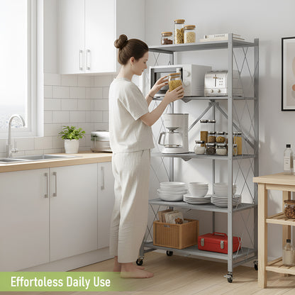 Folding Shelf on Wheels 5-Tier , Freestanding Metal Wire Storage Rack for Pantry Kitchen Garage, No Assembly Rolling Shelves Unit (Gray-2Pack)