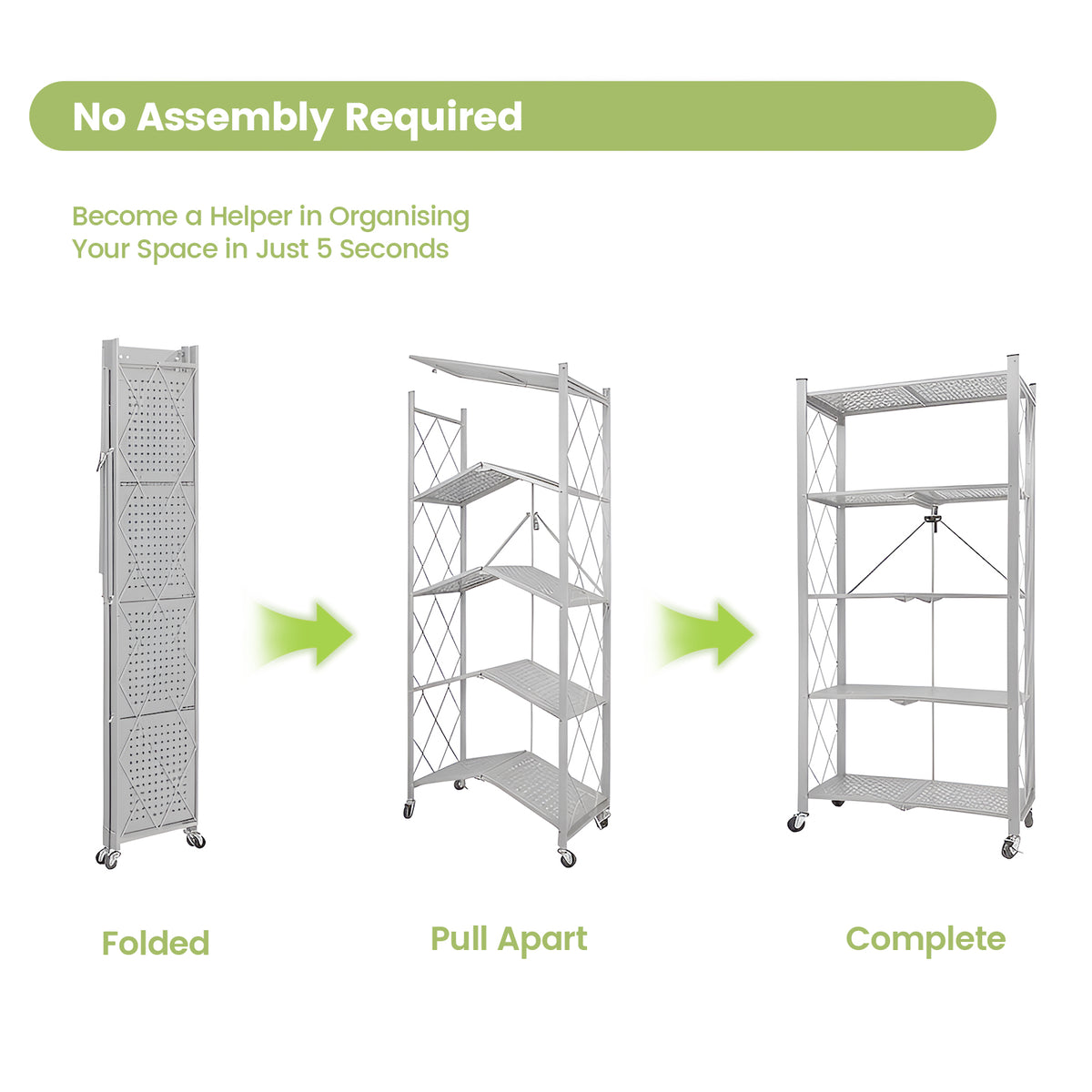 Folding Shelf on Wheels 5-Tier , Freestanding Metal Wire Storage Rack for Pantry Kitchen Garage, No Assembly Rolling Shelves Unit (Gray-2Pack)