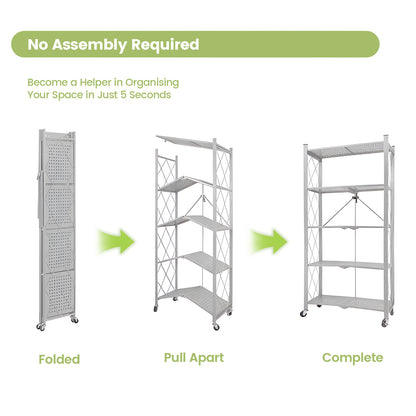 Folding Shelf on Wheels 5-Tier , Freestanding Metal Wire Storage Rack for Pantry Kitchen Garage, No Assembly Rolling Shelves Unit (Gray-2Pack)