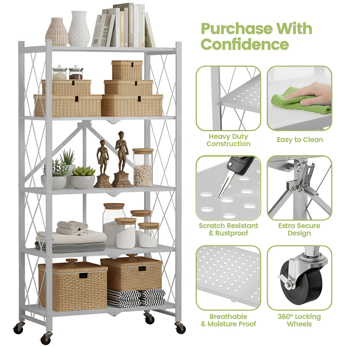 Folding Shelf on Wheels 5-Tier , Freestanding Metal Wire Storage Rack for Pantry Kitchen Garage, No Assembly Rolling Shelves Unit (Gray-2Pack)