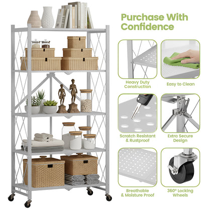 Folding Shelf on Wheels 5-Tier , Freestanding Metal Wire Storage Rack for Pantry Kitchen Garage, No Assembly Rolling Shelves Unit (Gray-2Pack)