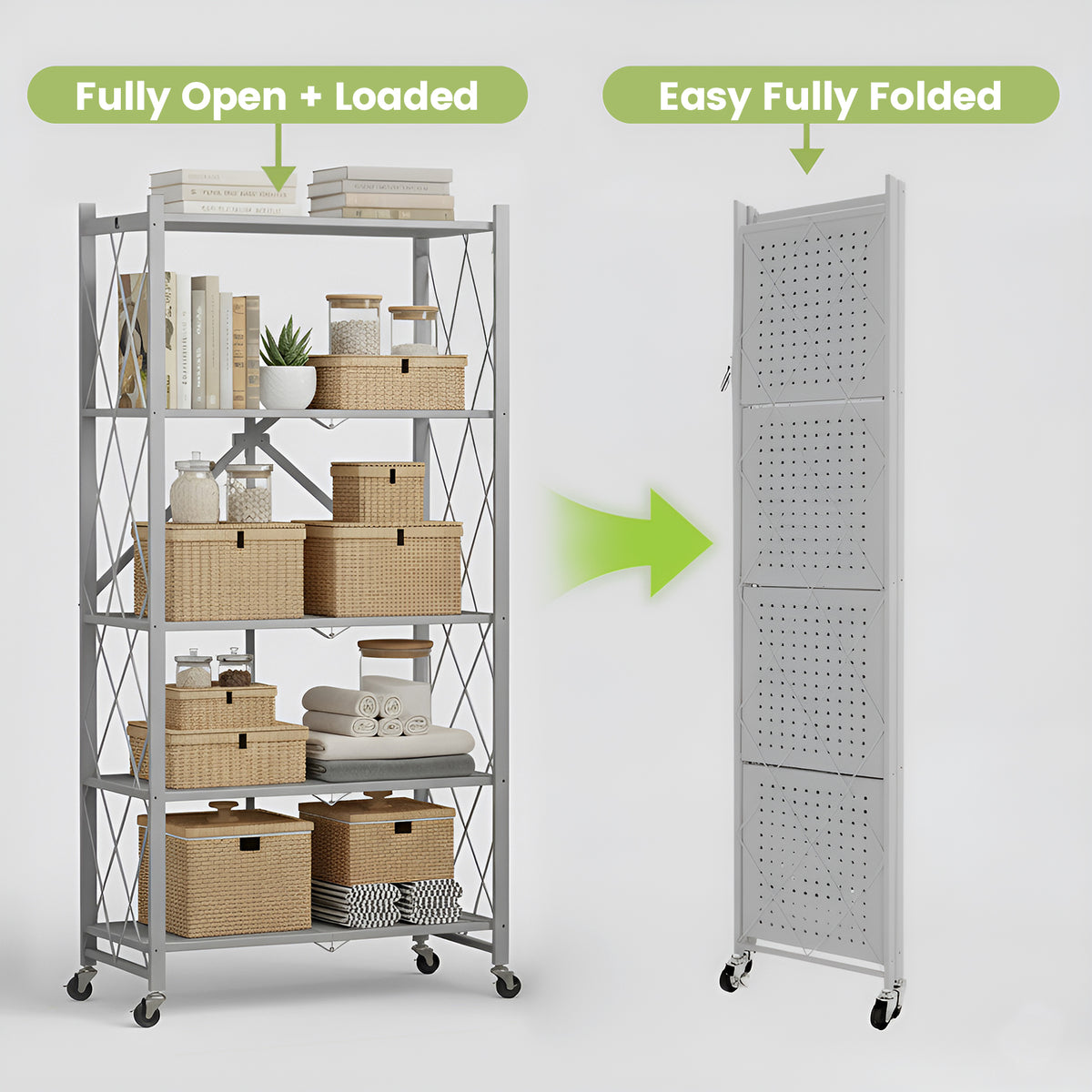 Folding Shelf on Wheels 5-Tier , Freestanding Metal Wire Storage Rack for Pantry Kitchen Garage, No Assembly Rolling Shelves Unit (Gray-2Pack)