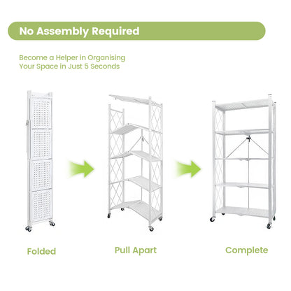 Foldable Shelves with Wheels, 5-Shelf Folding Metal Rack Organizer for Kitchen Garage Basement, Large Capacity Rolling Storage Shelf, Easy Fold & Roll, White