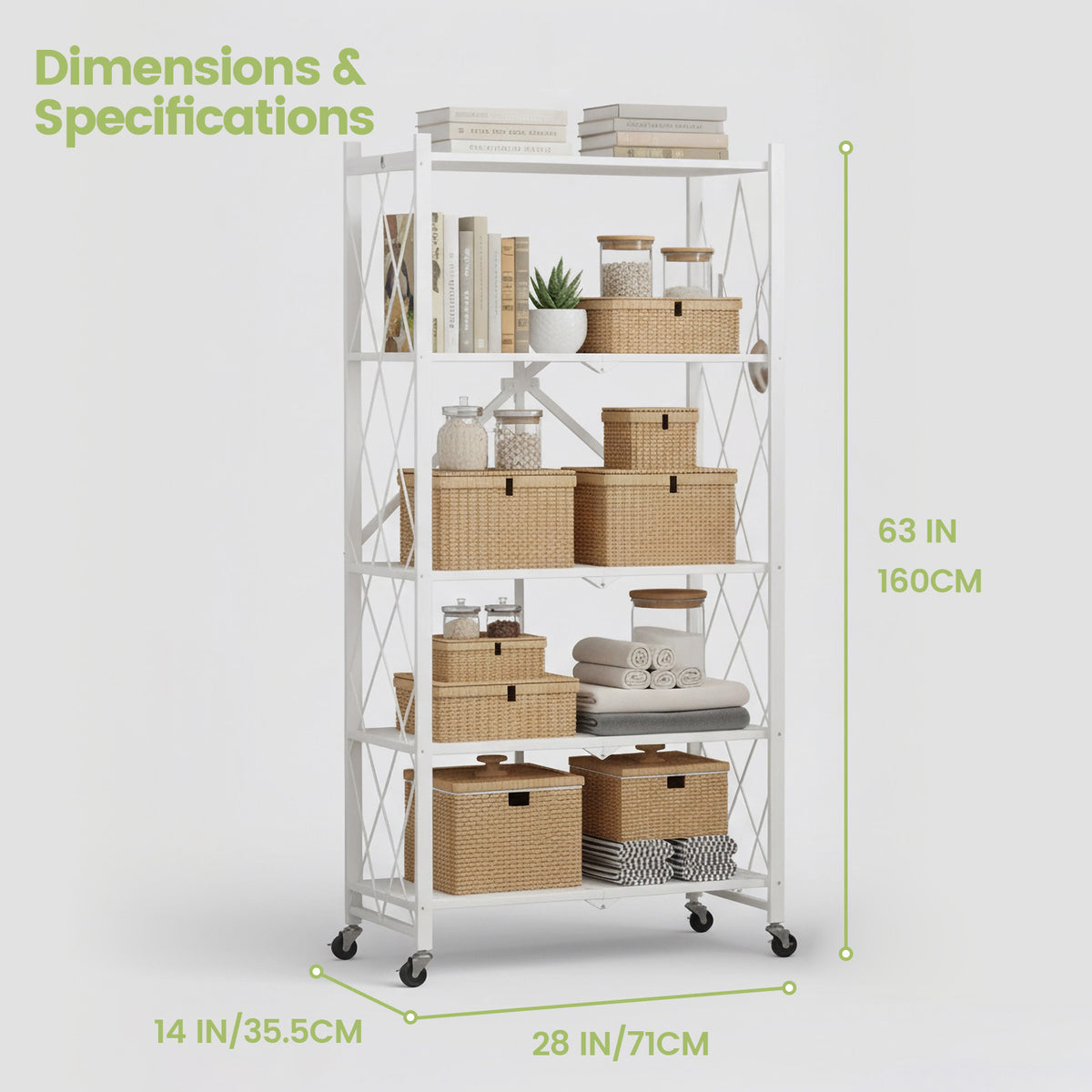 Foldable Shelves with Wheels, 5-Shelf Folding Metal Rack Organizer for Kitchen Garage Basement, Large Capacity Rolling Storage Shelf, Easy Fold & Roll, White