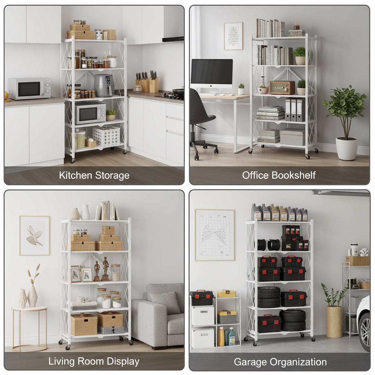 Foldable Shelves with Wheels, 5-Shelf Folding Metal Rack Organizer for Kitchen Garage Basement, Large Capacity Rolling Storage Shelf, Easy Fold & Roll, White