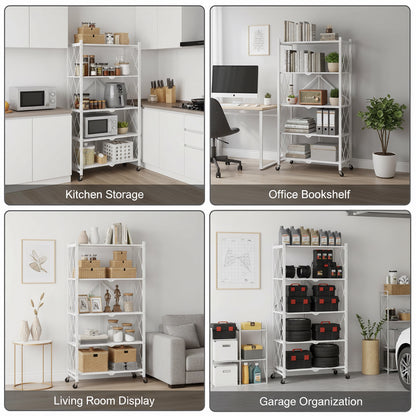 Foldable Shelves with Wheels, 5-Shelf Folding Metal Rack Organizer for Kitchen Garage Basement, Large Capacity Rolling Storage Shelf, Easy Fold & Roll, White