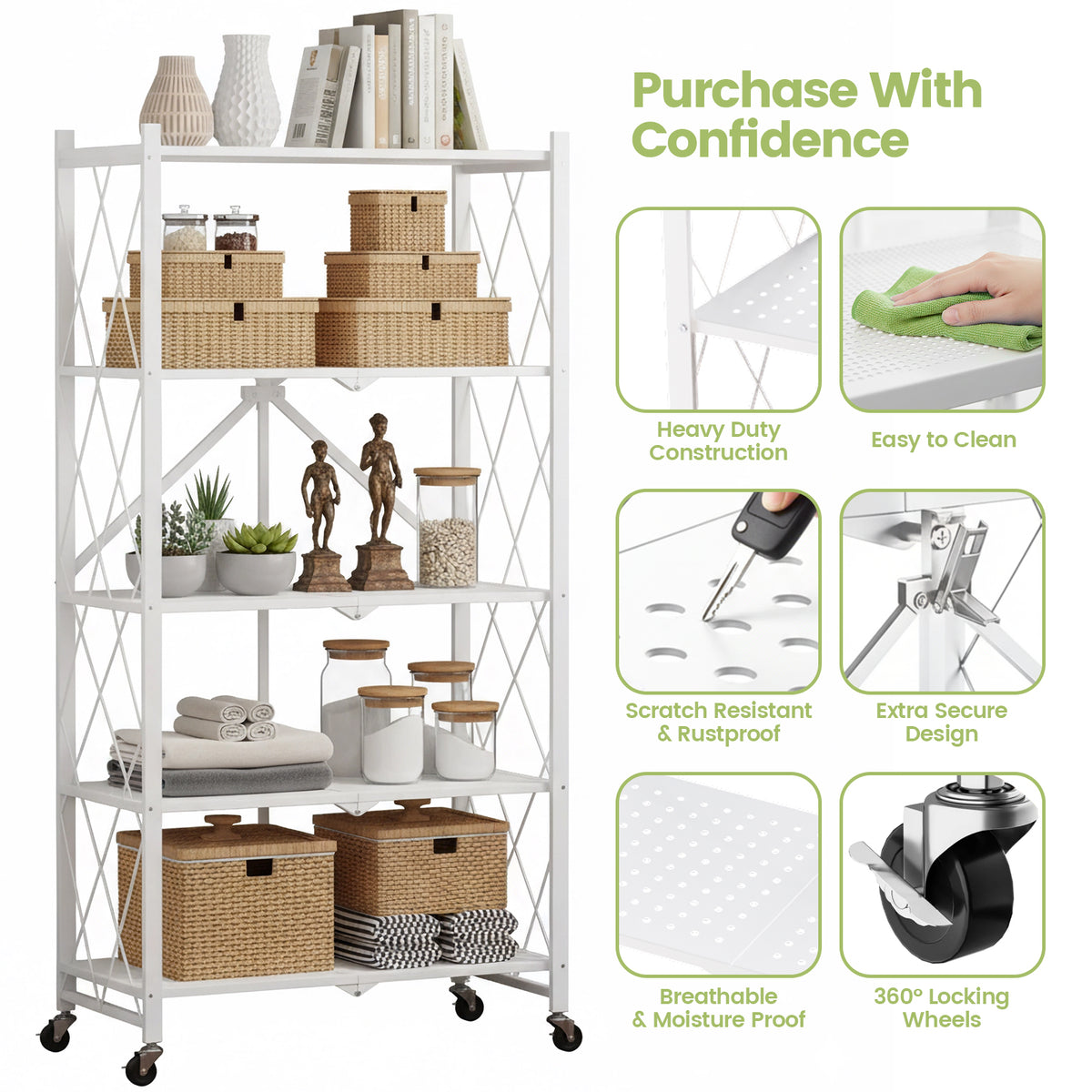 Foldable Shelves with Wheels, 5-Shelf Folding Metal Rack Organizer for Kitchen Garage Basement, Large Capacity Rolling Storage Shelf, Easy Fold & Roll, White