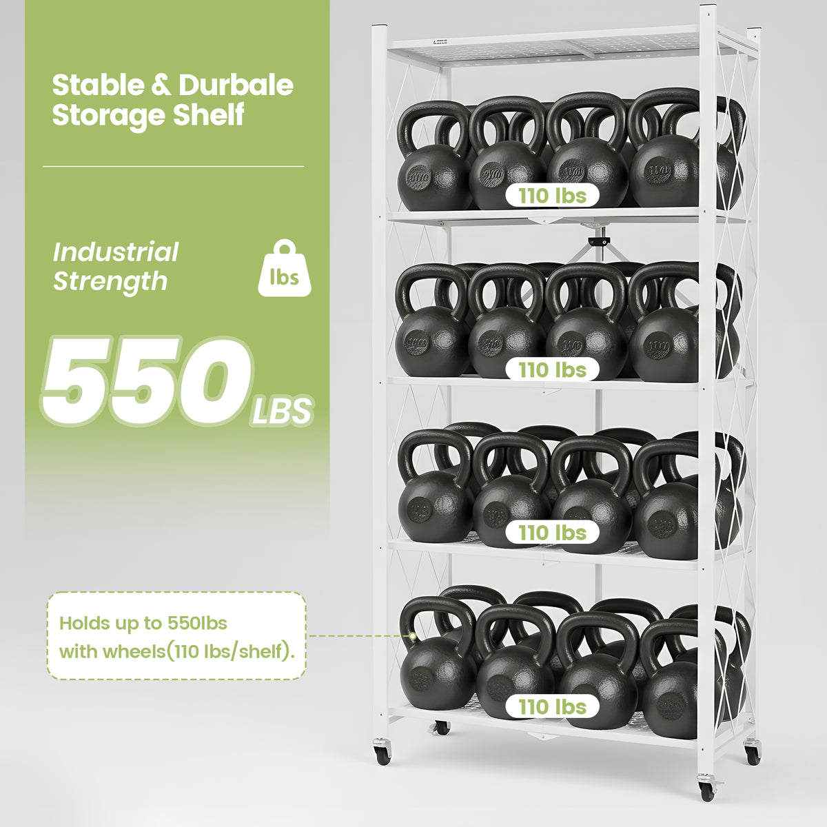Foldable Shelves with Wheels, 5-Shelf Folding Metal Rack Organizer for Kitchen Garage Basement, Large Capacity Rolling Storage Shelf, Easy Fold & Roll, White