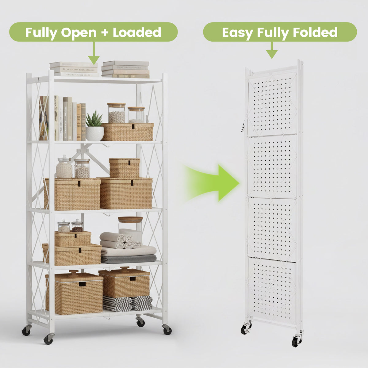 Foldable Shelves with Wheels, 5-Shelf Folding Metal Rack Organizer for Kitchen Garage Basement, Large Capacity Rolling Storage Shelf, Easy Fold & Roll, White