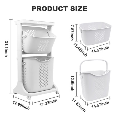 2-Tier Laundry Hamper Basket Sorter Bathroom Organizer with Wheels Movable Clothes Storage Basket Bathroom Shelf 360-Degree Rolling Cart, 17"X13"X31"